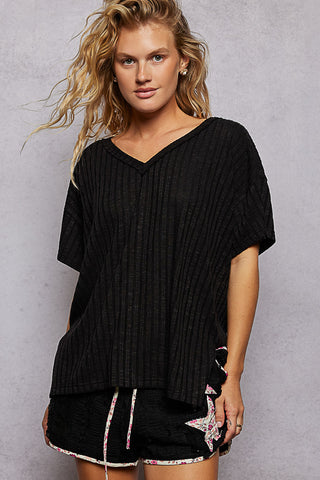 Short Sleeve V Neck Extended Back Hem Textured Knit Top, Black and Natural