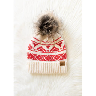 Winter Haven Cable Pom Hat, Cream & Red