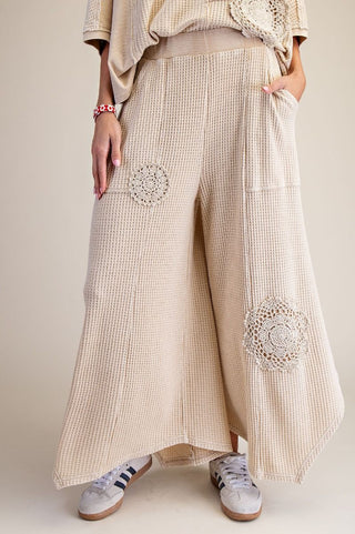 Boho Crochet Patch Waffle Knit Wide-Leg Thermal Pants
