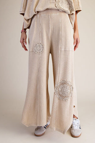 Boho Crochet Patch Waffle Knit Wide-Leg Thermal Pants