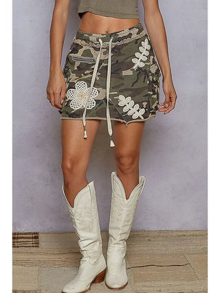 POL Women's Camo & Crochet Cargo Mini Skirt