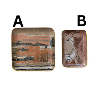 Enameled Metal Trays w/ Landscape/Abstract Image & Gold Rim - The Farmhouse