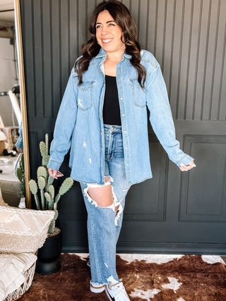 Essential Distressed Denim Button Up Shirt - The Farmhouse