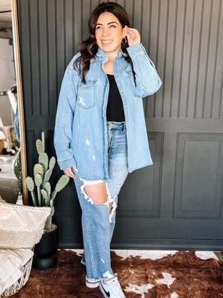 Essential Distressed Denim Button Up Shirt - The Farmhouse