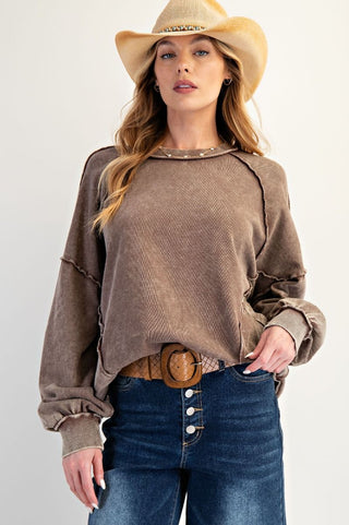 Vintage Vibe Mineral Wash Pullover – Relaxed Exposed Seam Cotton Sweatshirt, Cacao