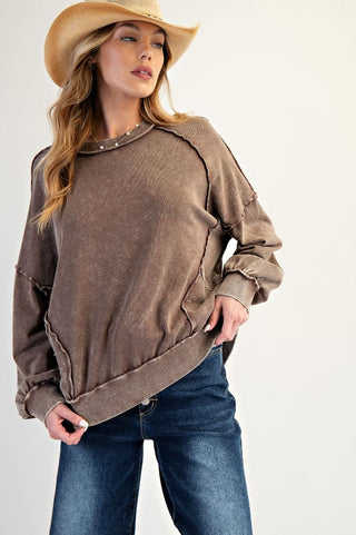 Vintage Vibe Mineral Wash Pullover – Relaxed Exposed Seam Cotton Sweatshirt, Cacao