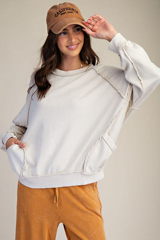 Vintage Vibe Mineral Wash Pullover – Relaxed Exposed Seam Cotton Sweatshirt, Lt Khaki