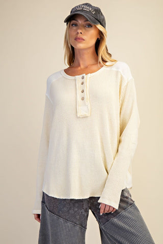 Oversized Washed Waffle Knit Henley Top