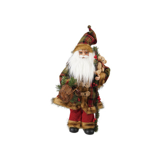 Fabric and faux fur Santa figurine with plaid bear and festive basket