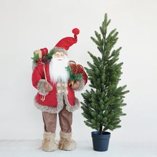 36-inch fabric and faux fur Santa figure with snowshoes in multicolor