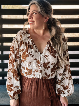 Falling Floral Western Boho Blouse, Brown - The Farmhouse