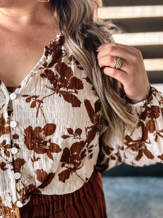 Falling Floral Western Boho Blouse, Brown - The Farmhouse