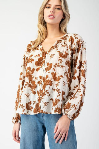 Falling Floral Western Boho Blouse, Brown - The Farmhouse