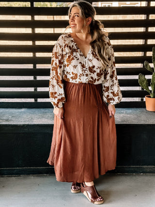 Falling Floral Western Boho Blouse, Brown - The Farmhouse