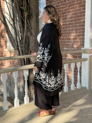 Falling Petals Embroidered Floral Vine Lightweight Kimono - Black - The Farmhouse