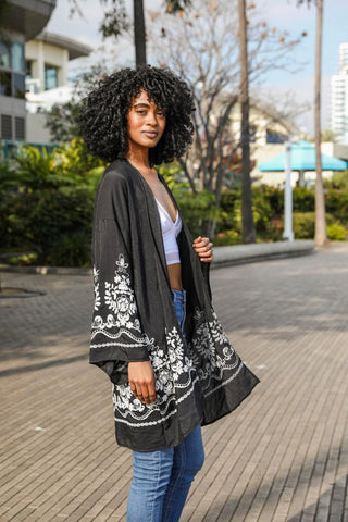 Falling Petals Embroidered Floral Vine Lightweight Kimono - Black - The Farmhouse