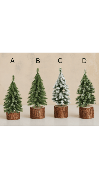 Alternate style of frosted faux evergreen tree with wood slice base