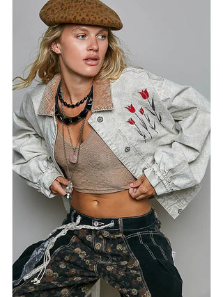 POL Women's Harvest Bloom Embroidered Cropped Jacket