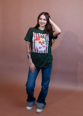 Side view of hunter green coquette Santa Christmas graphic tee