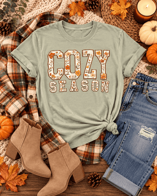 Cozy Season graphic tee on Comfort Colors in aqua bay, relaxed unisex fit