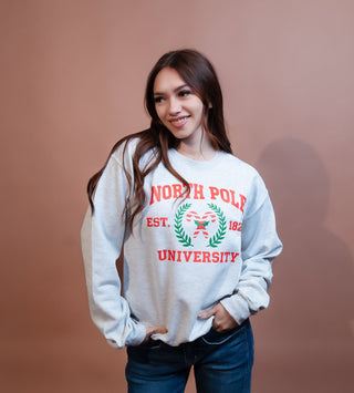Back view of heather grey North Pole University graphic crewneck sweatshirt