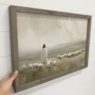Jesus Flock of Sheep - Jesus Canvas Art - Wood Framed Decor 24x36"