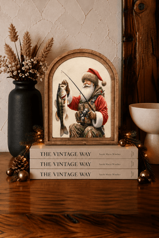 Fishing Santa arch framed art print, 6 by 8 inches, for holiday decor