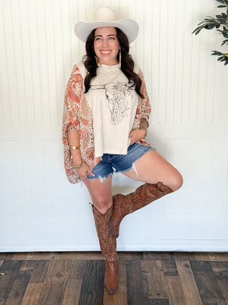 Floral Longhorn Boho Graphic Tee - 120 Graphic Tees - The Farmhouse