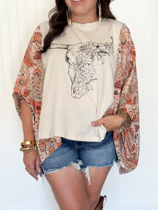 Floral Longhorn Boho Graphic Tee - 120 Graphic Tees - The Farmhouse