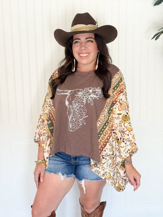 Floral Longhorn Boho Graphic Tee, Ivory and Yellow Sleeves - 120 Graphic Tees - The Farmhouse