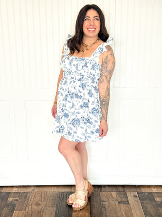 Floral Printed Denim Sleeveless Mini Dress - 170 Dresses - The Farmhouse