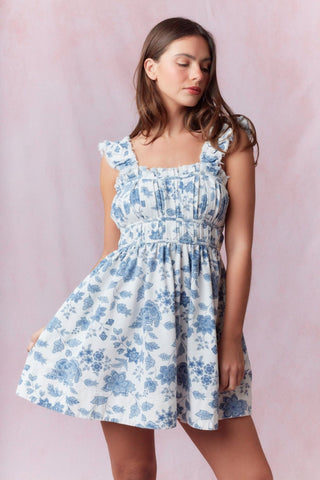 Floral Printed Denim Sleeveless Mini Dress - 170 Dresses - The Farmhouse
