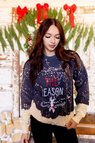 Charcoal bleached sweatshirt with For He Is the Reason faith graphic