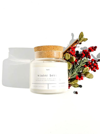 Winter Berry soy candle in 22 oz glass jar with cork lid