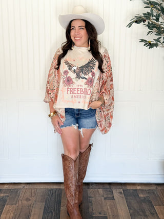 Freebird Americana Boho Graphic Tee, Pink and Orange Sleeve - 120 Graphic Tees - The Farmhouse