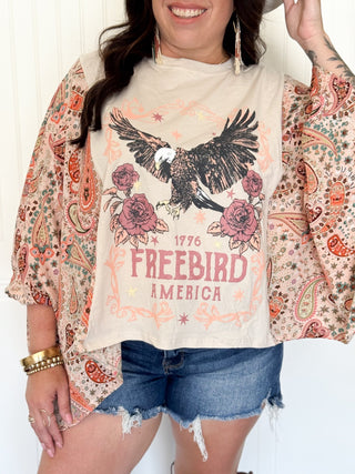 Freebird Americana Boho Graphic Tee, Pink and Orange Sleeve - 120 Graphic Tees - The Farmhouse