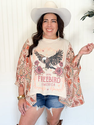 Freebird Americana Boho Graphic Tee, Pink and Orange Sleeve - 120 Graphic Tees - The Farmhouse