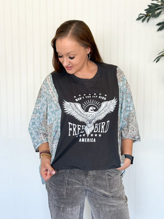 Freebird Boho Graphic Tee, Blue and Gray Sleeve - 120 Graphic Tees - The Farmhouse