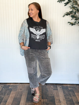 Freebird Boho Graphic Tee, Blue and Gray Sleeve - 120 Graphic Tees - The Farmhouse