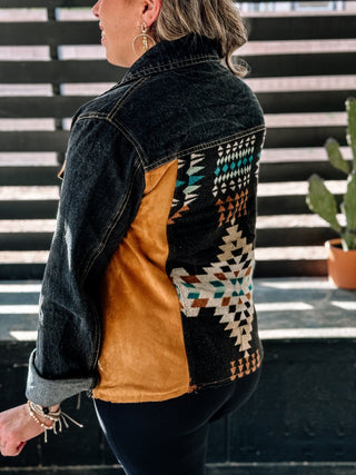 Frontier Aztec Denim Jacket Boho Western, Black Denim - The Farmhouse