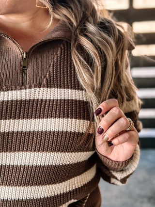 Frontier Spirit Boho Western Striped Sweater, Mocha - The Farmhouse