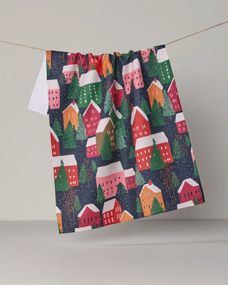 Alpine Village print tea towel in quick-drying woven fabric