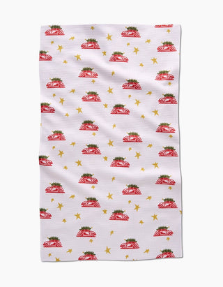 Christmas Bug holiday print tea towel in quick-drying woven fabric