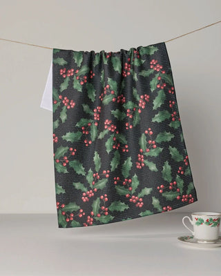 Holly Night print holiday tea towel in absorbent quick-drying Geoweave fabric
