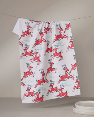 Prancing Reindeer tea towel in absorbent quick-drying recycled fabric