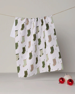 Stocking Medley holiday tea towel in absorbent quick-drying recycled fabric
