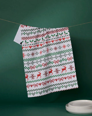 Ugly Sweater print holiday tea towel in quick-drying Geoweave fabric