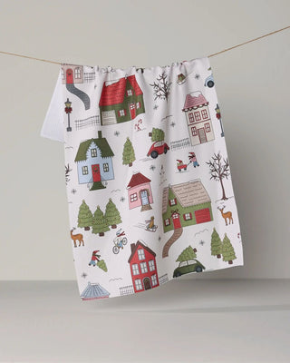 Winter Village print tea towel in quick-drying recycled woven fabric