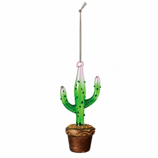 Close-up of hand-applied glitter on glass potted cactus ornament