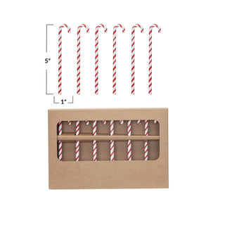 Glass candy cane stir sticks in gift box with red and white stripes